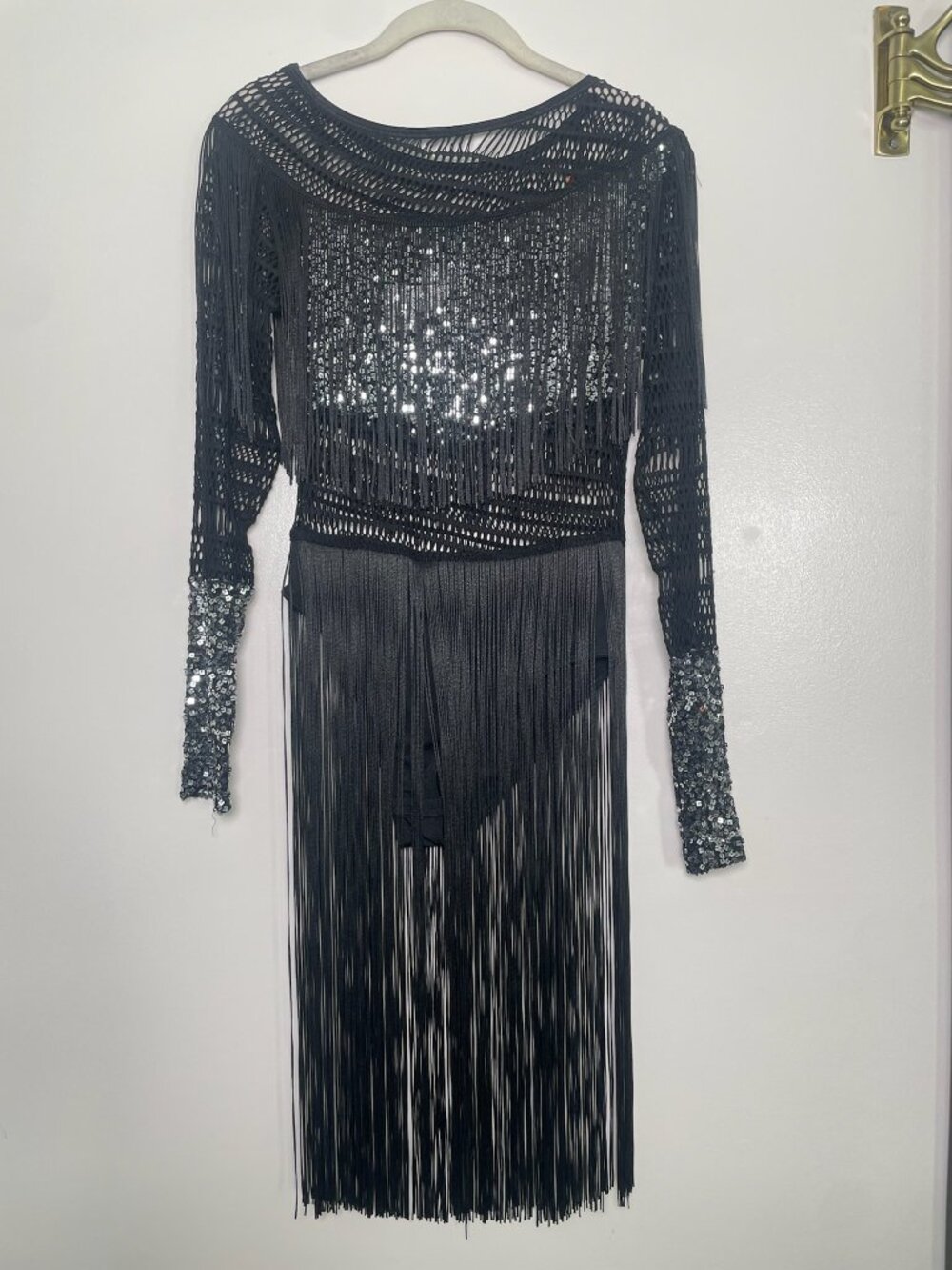 Kiki Riki Glamorous Black & Silver Sequin Fringe Crochet Bodysuit M NWT